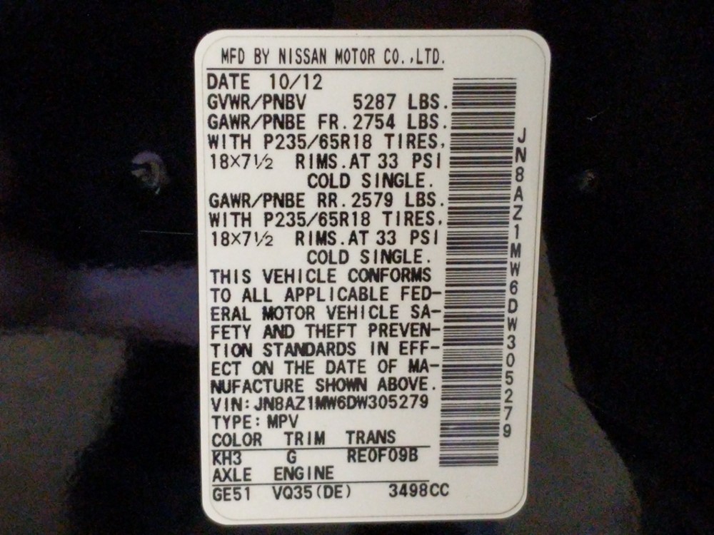 2013 Nissan Murano - VIN Plate