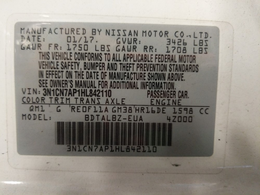 2017 Nissan Versa - VIN Plate