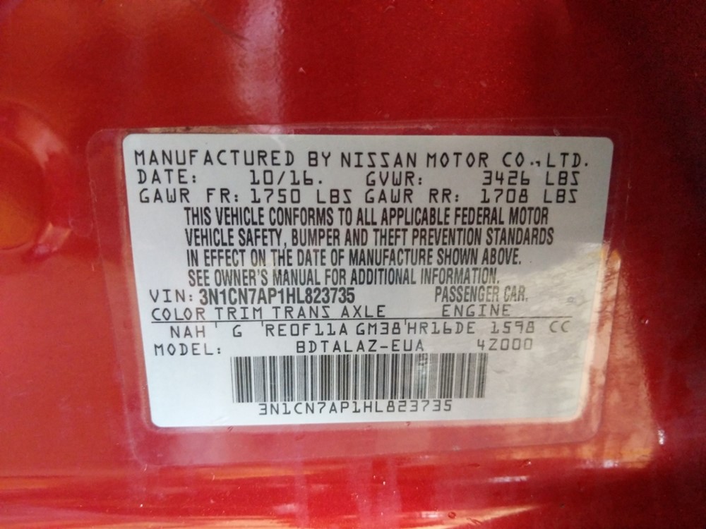 2017 Nissan Versa - VIN Plate