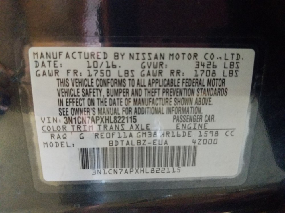 2017 Nissan Versa - VIN Plate