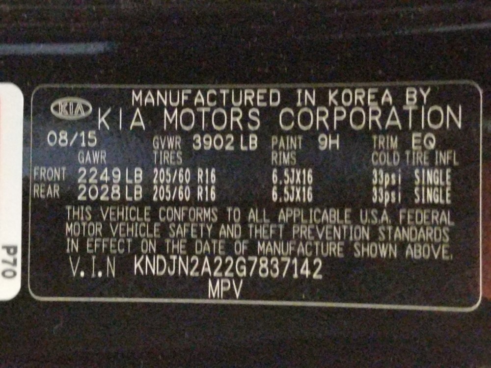 2016 Kia Soul - VIN Plate
