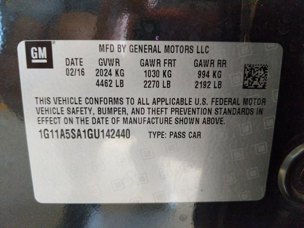 2016 Chevrolet Malibu - VIN Plate
