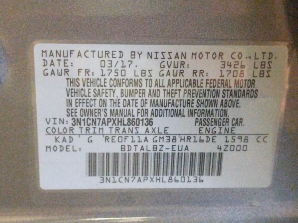 2017 Nissan Versa - VIN Plate
