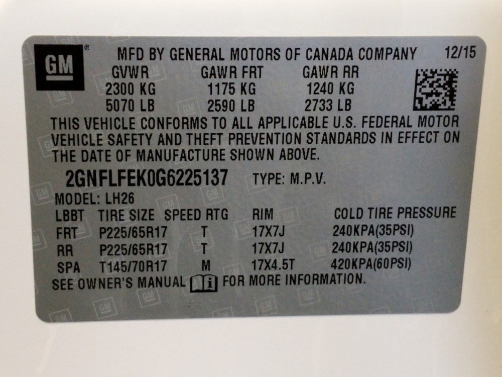 2016 Chevrolet Equinox - VIN Plate