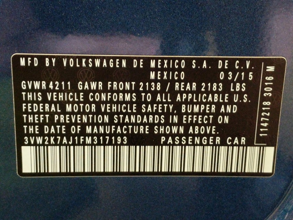 2015 Volkswagen Jetta - VIN Plate