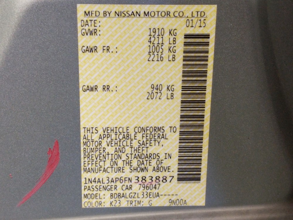 2015 Nissan Altima - VIN Plate
