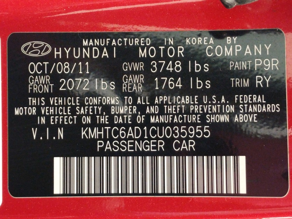 2012 Hyundai Veloster - VIN Plate