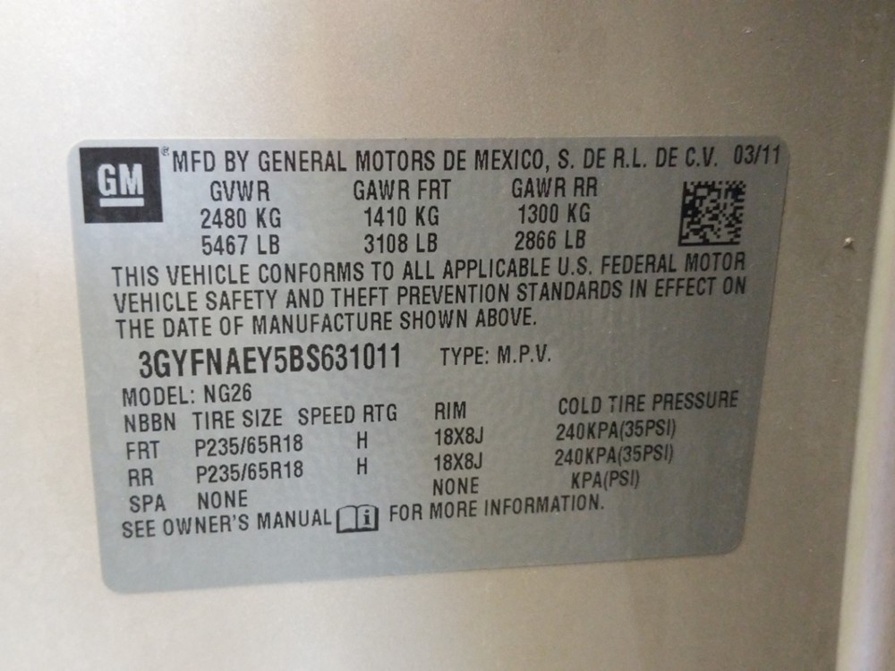 2011 Cadillac SRX - VIN Plate