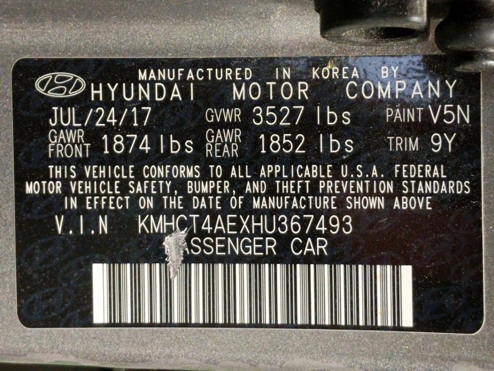 2017 Hyundai Accent - VIN Plate