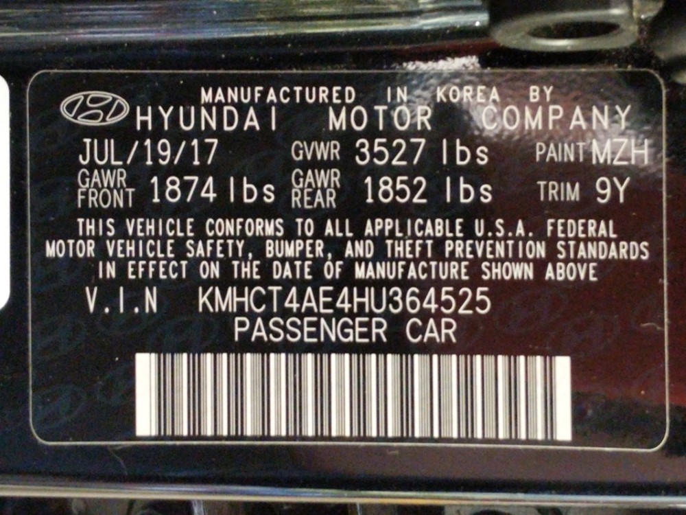 2017 Hyundai Accent - VIN Plate