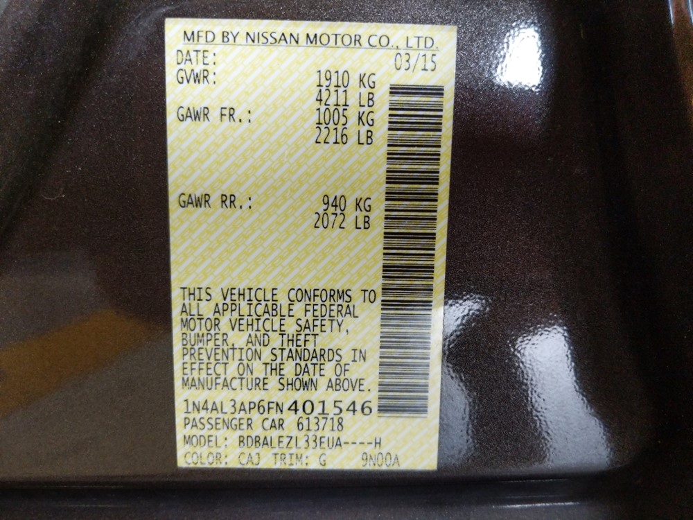 2015 Nissan Altima - VIN Plate