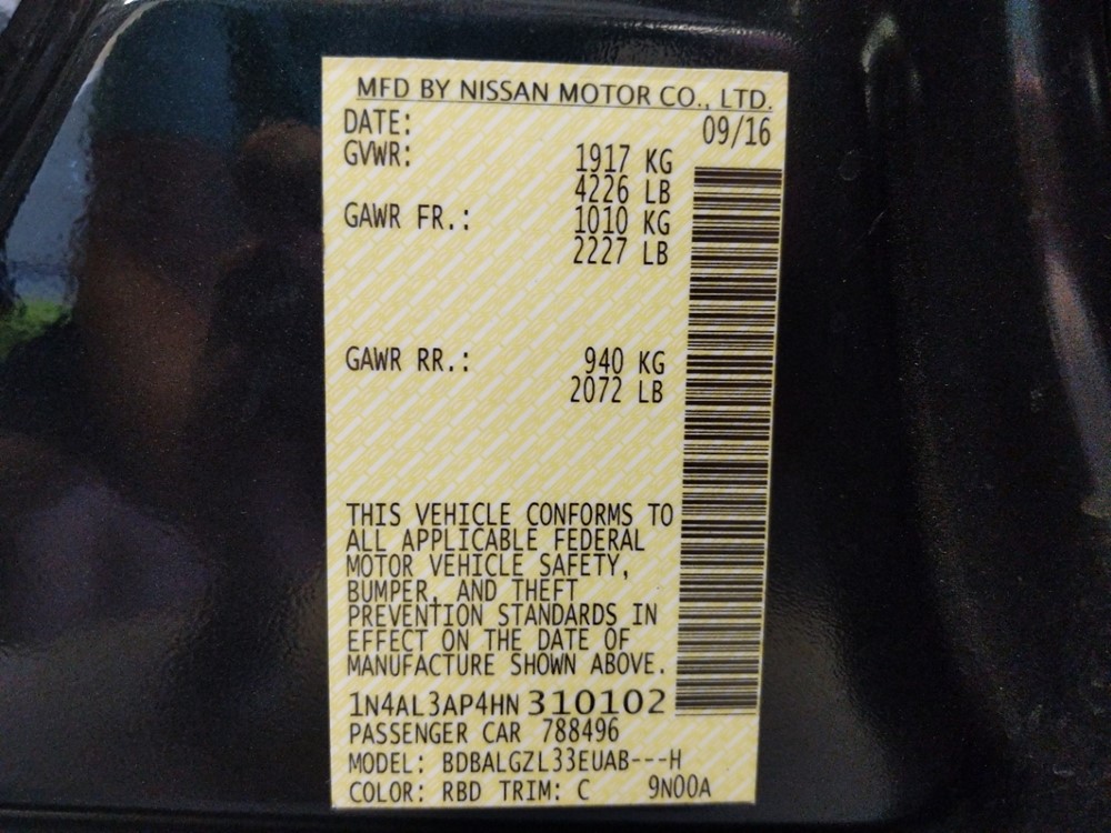 2017 Nissan Altima - VIN Plate