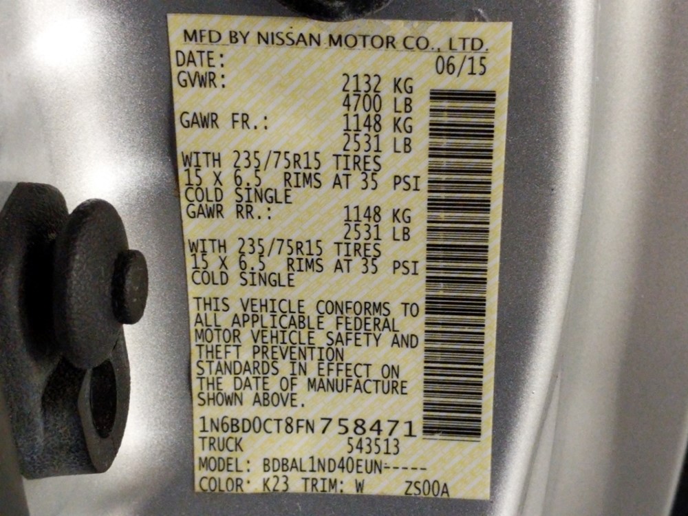 2015 Nissan Frontier - VIN Plate