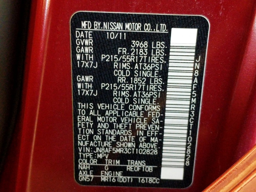 2012 Nissan JUKE - VIN Plate