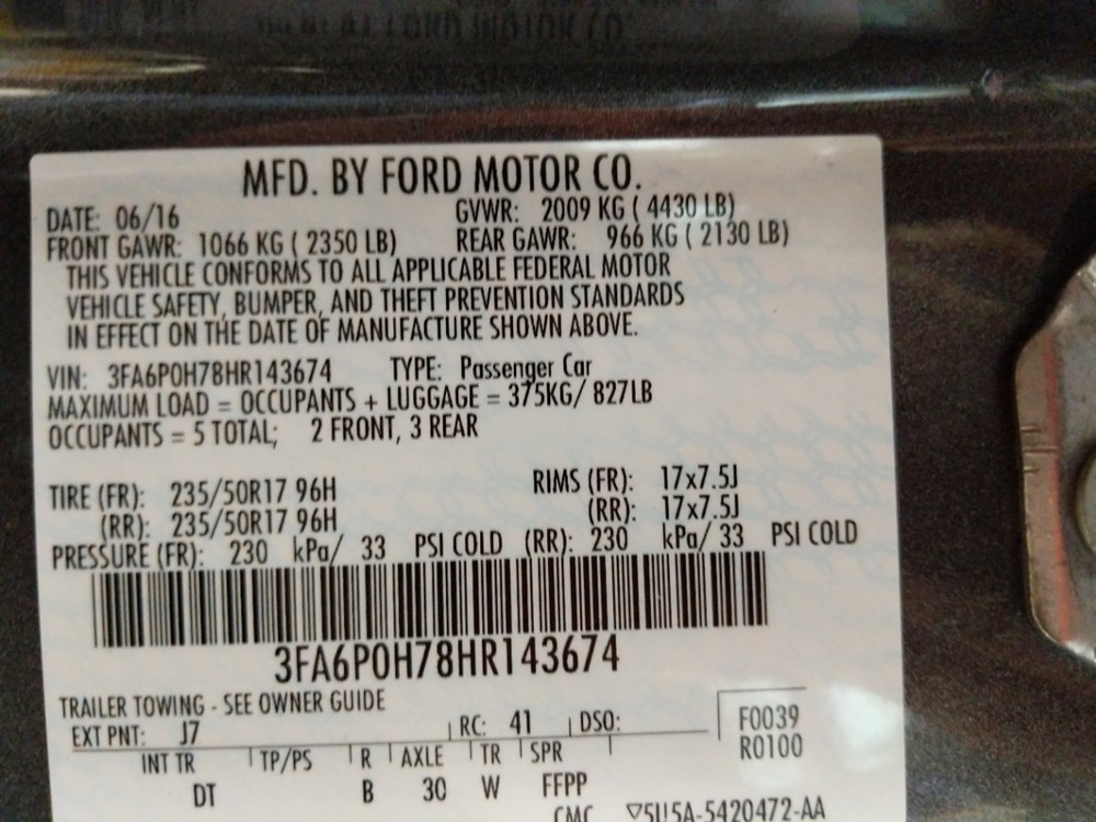 2017 Ford Fusion - VIN Plate
