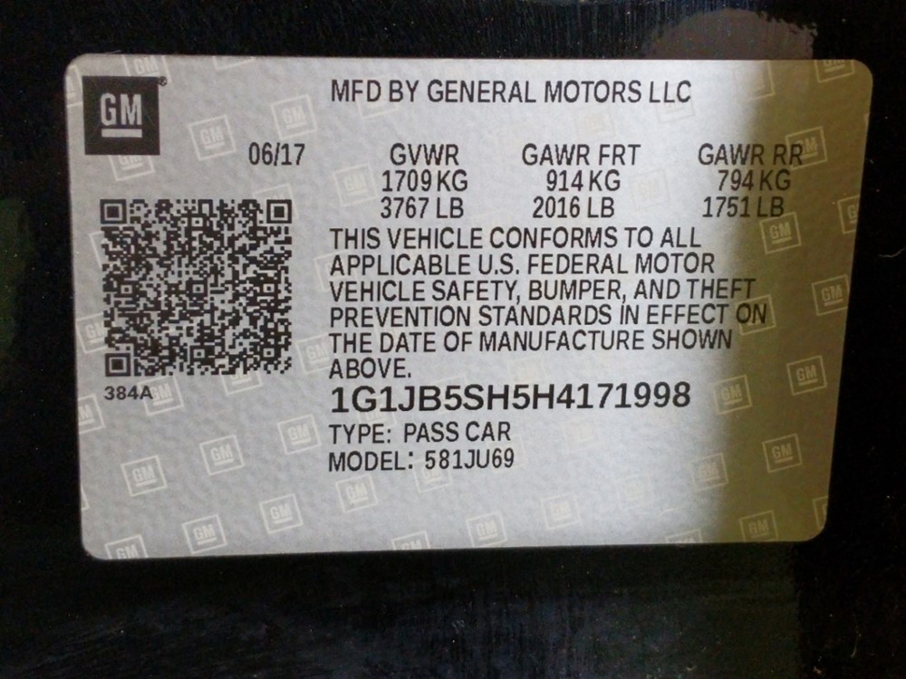 2017 Chevrolet Sonic - VIN Plate