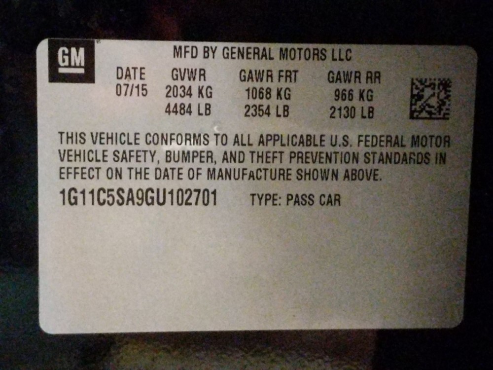 2016 Chevrolet Malibu - VIN Plate