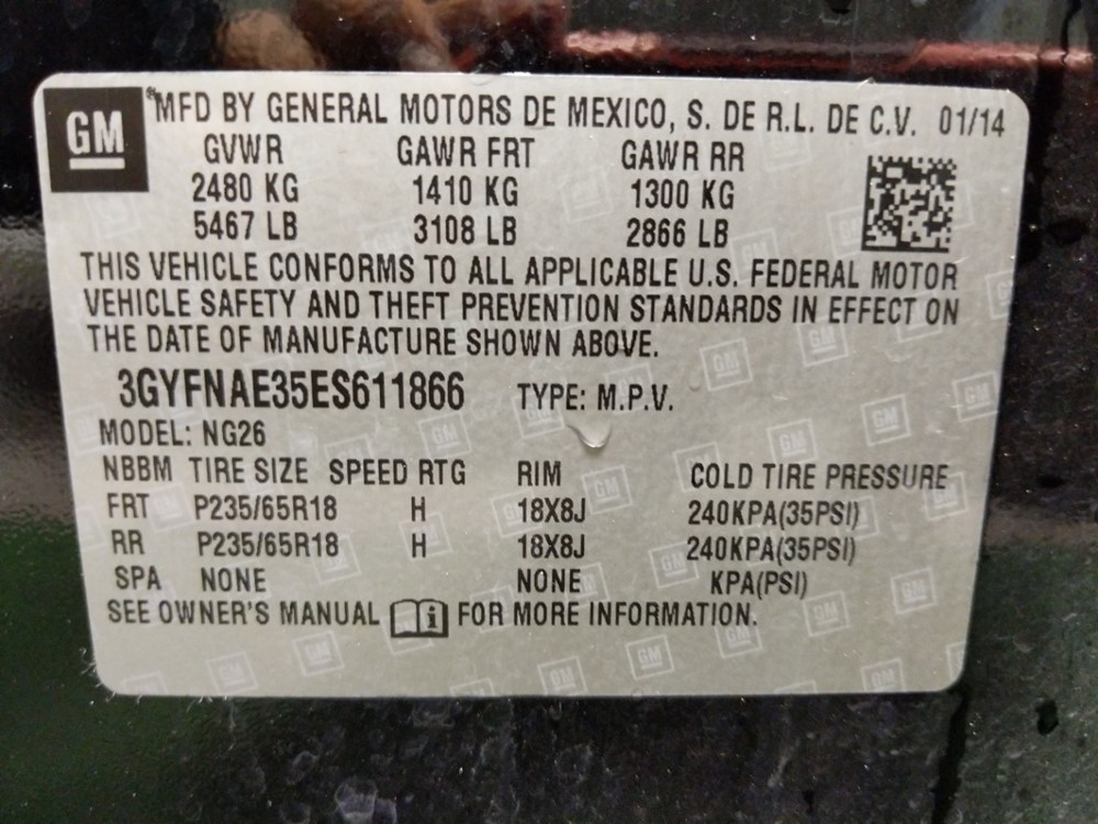 2014 Cadillac SRX - VIN Plate