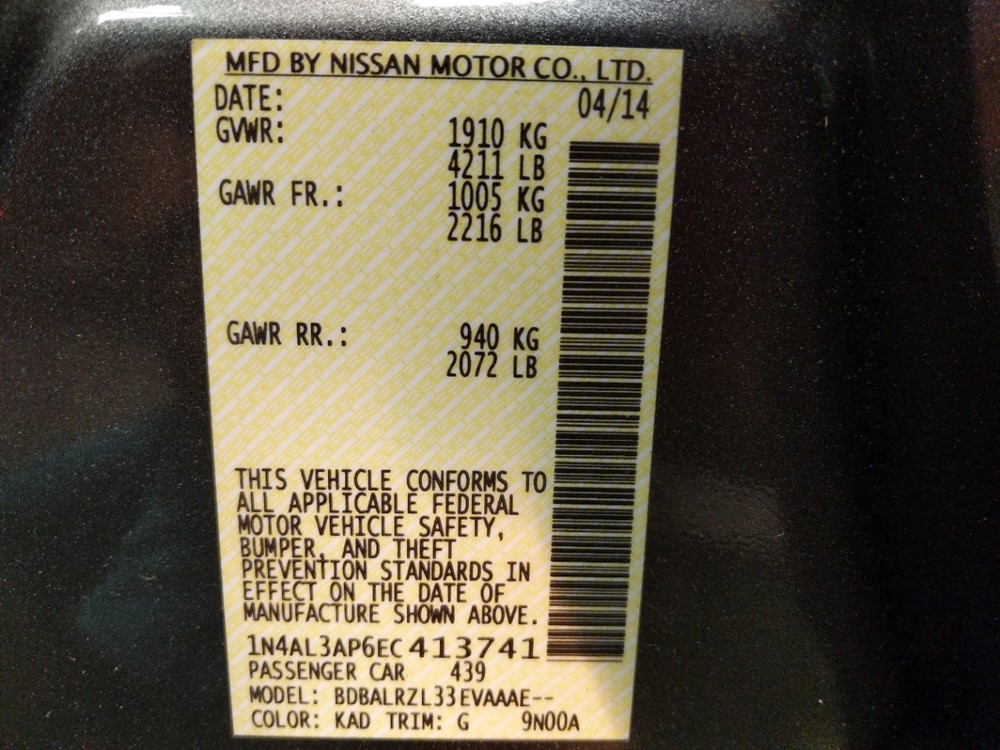 2014 Nissan Altima - VIN Plate