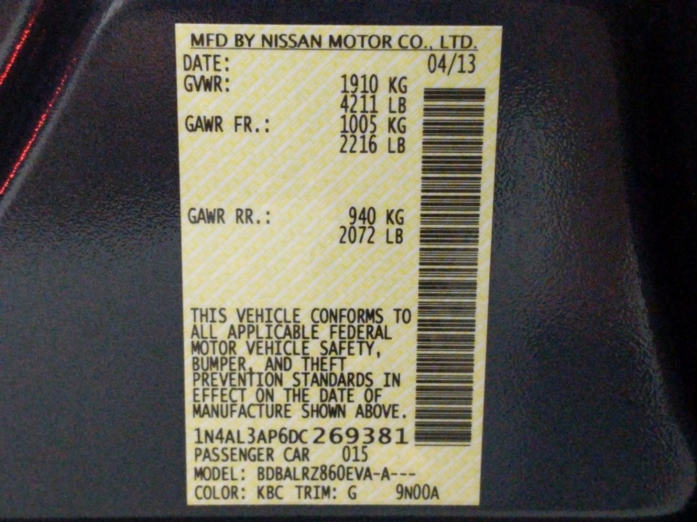 2013 Nissan Altima - VIN Plate