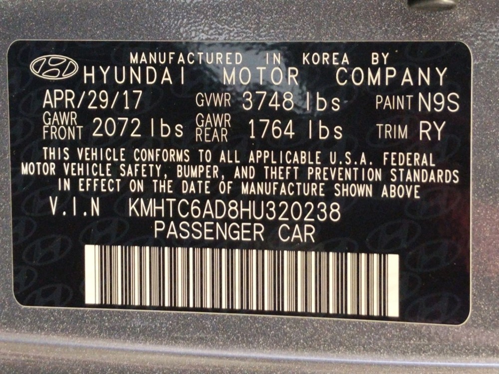 2017 Hyundai Veloster - VIN Plate
