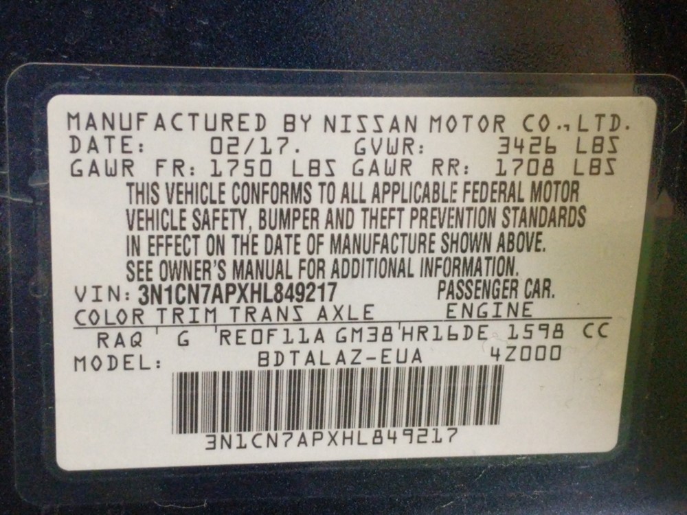 2017 Nissan Versa - VIN Plate
