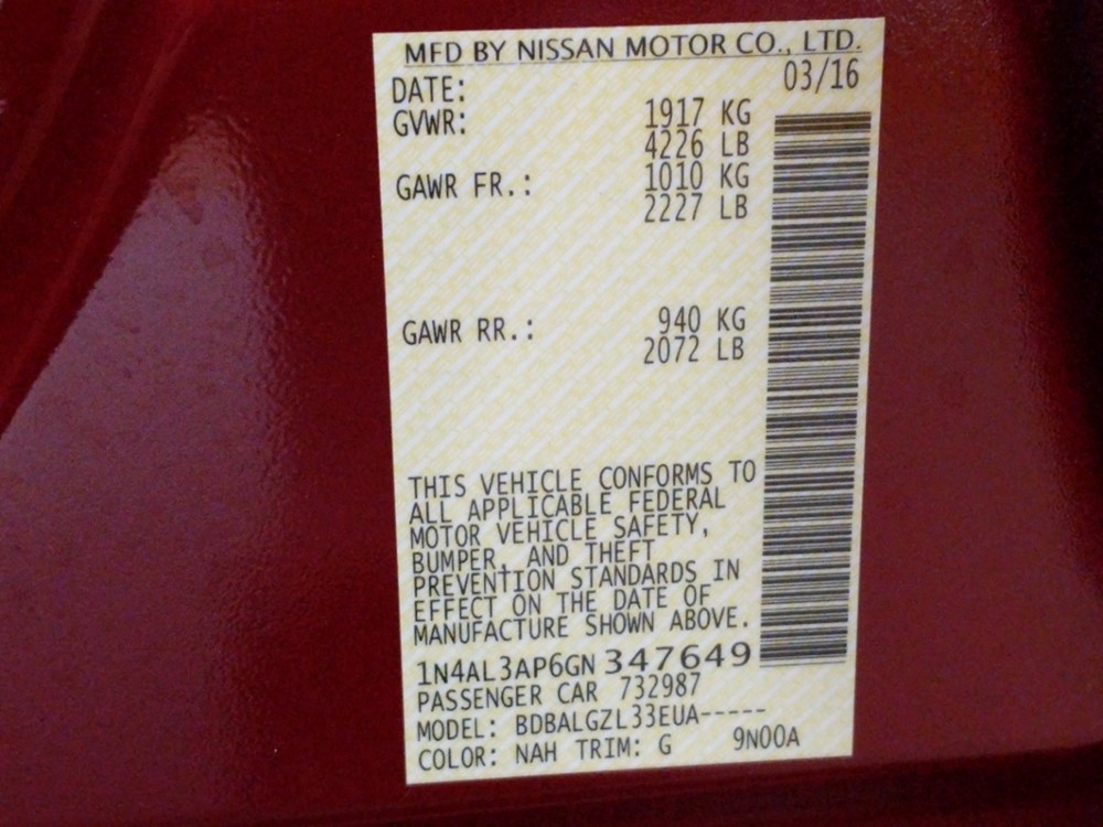 2016 Nissan Altima - VIN Plate