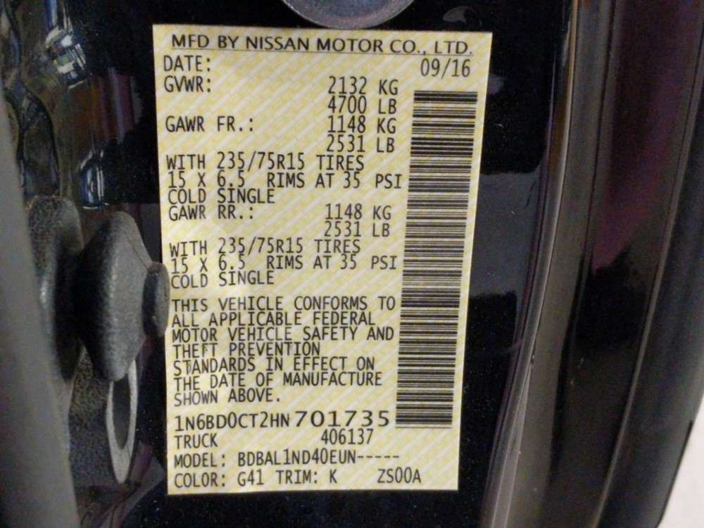 2017 Nissan Frontier - VIN Plate
