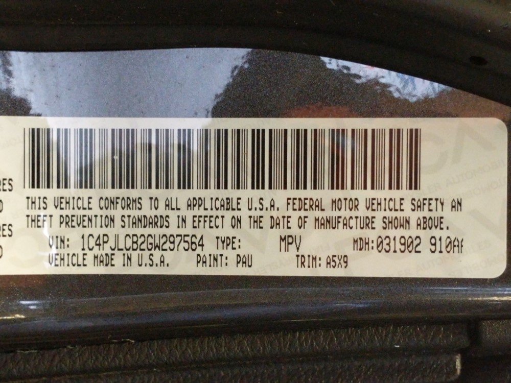 2016 Jeep Cherokee - VIN Plate