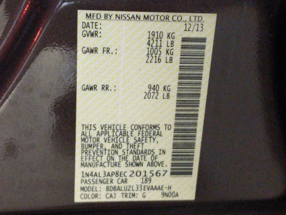 2014 Nissan Altima - VIN Plate