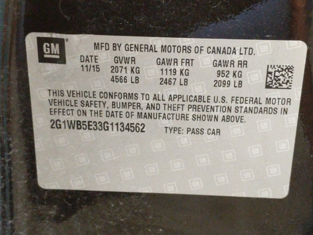 2016 Chevrolet Impala - VIN Plate