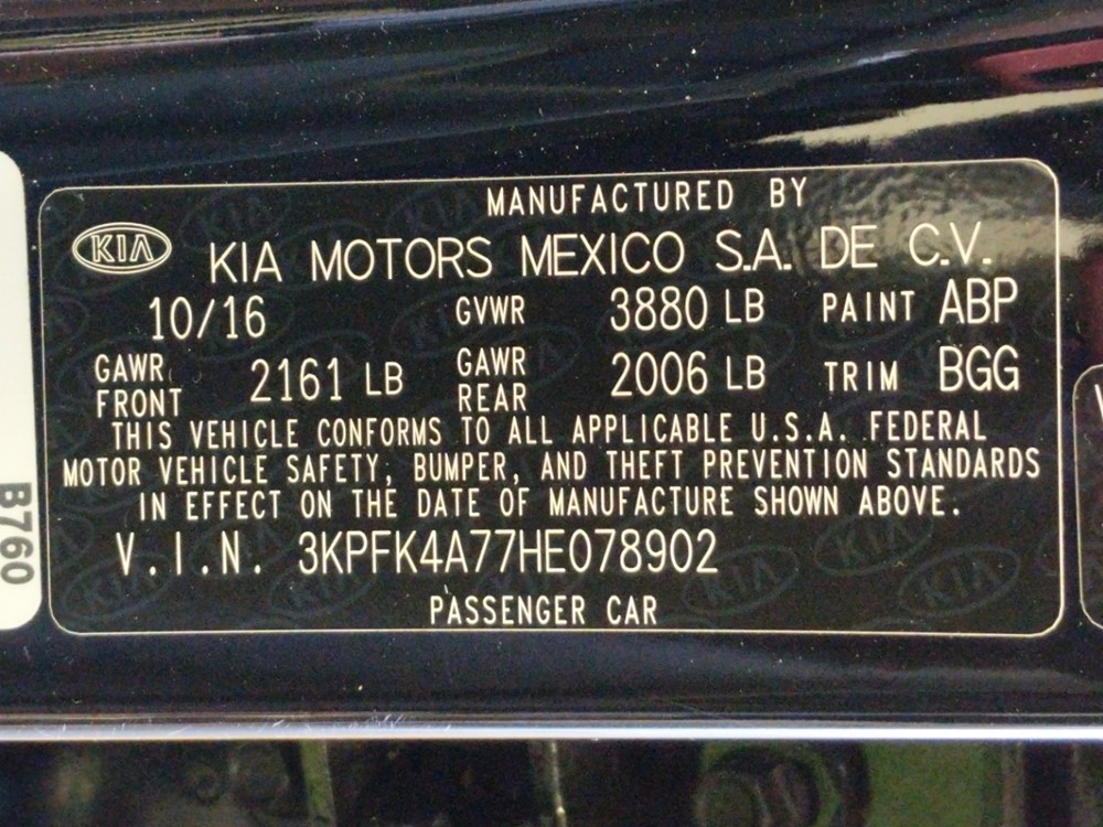 2017 Kia Forte - VIN Plate