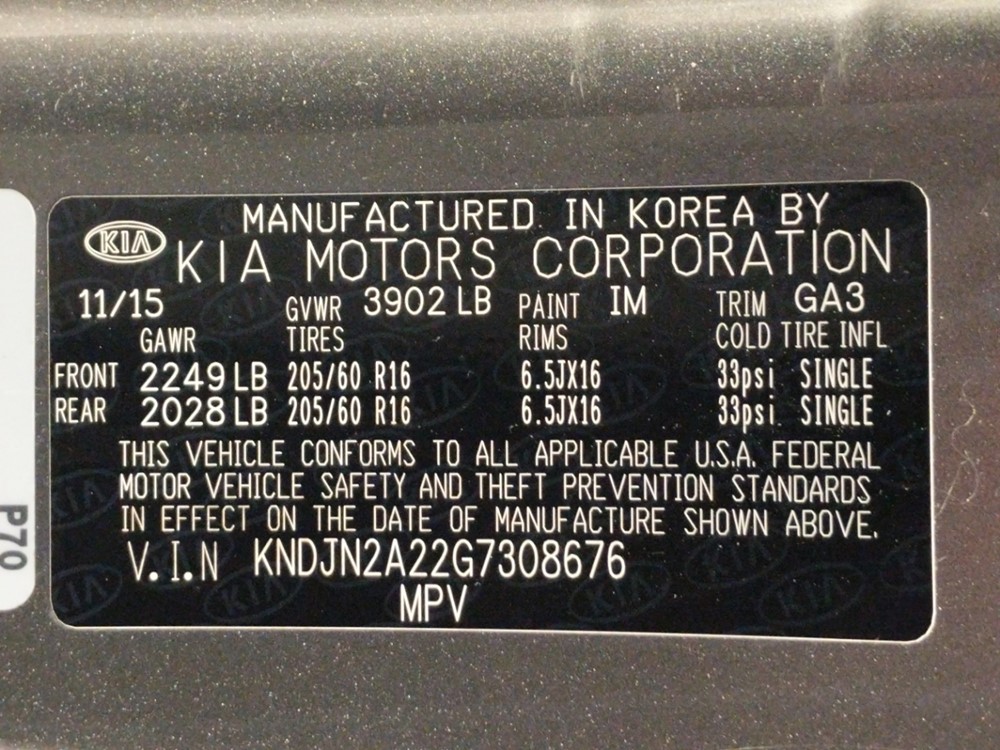 2016 Kia Soul - VIN Plate