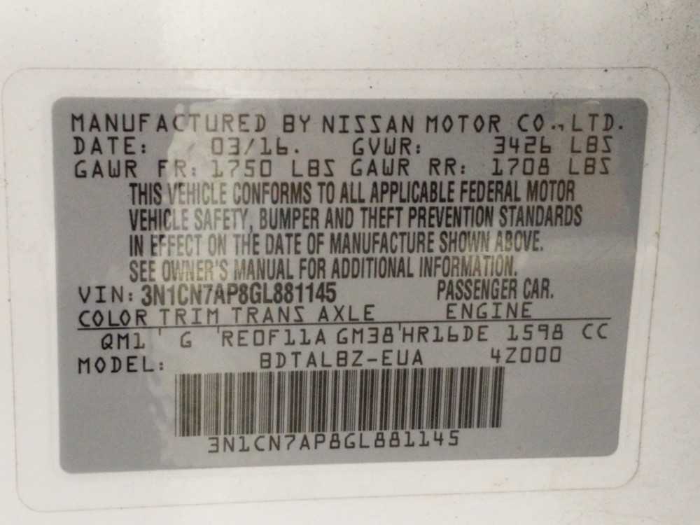 2016 Nissan Versa - VIN Plate