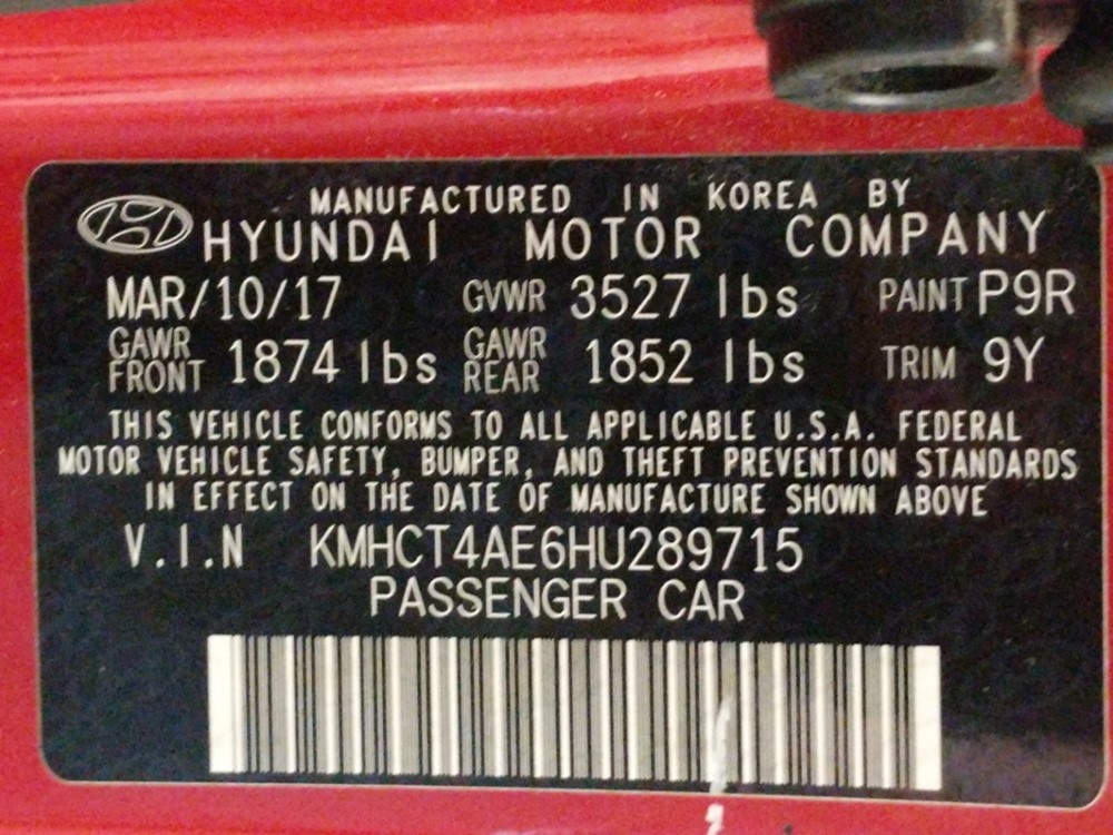 2017 Hyundai Accent - VIN Plate