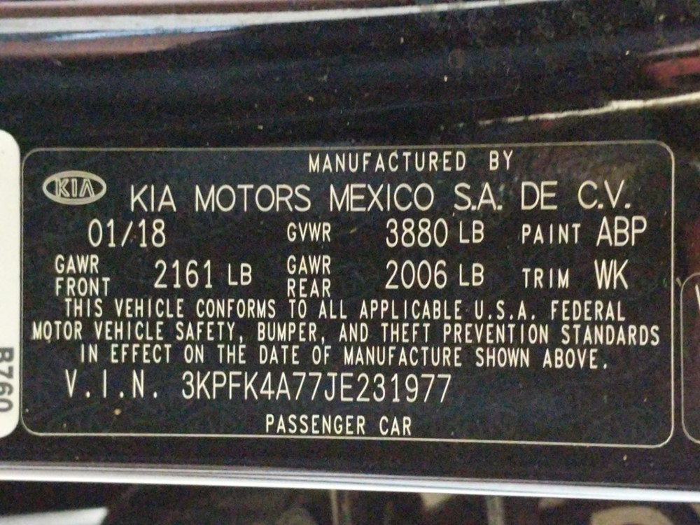 2018 Kia Forte - VIN Plate