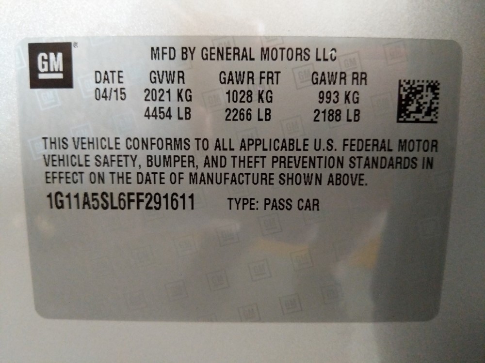 2015 Chevrolet Malibu - VIN Plate