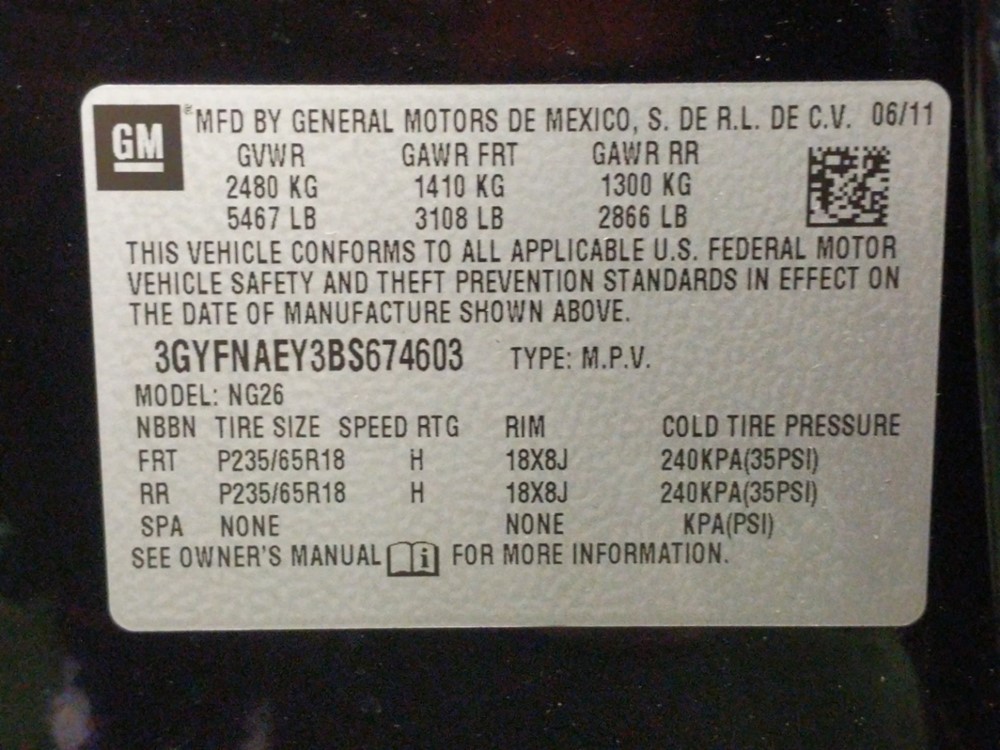 2011 Cadillac SRX - VIN Plate
