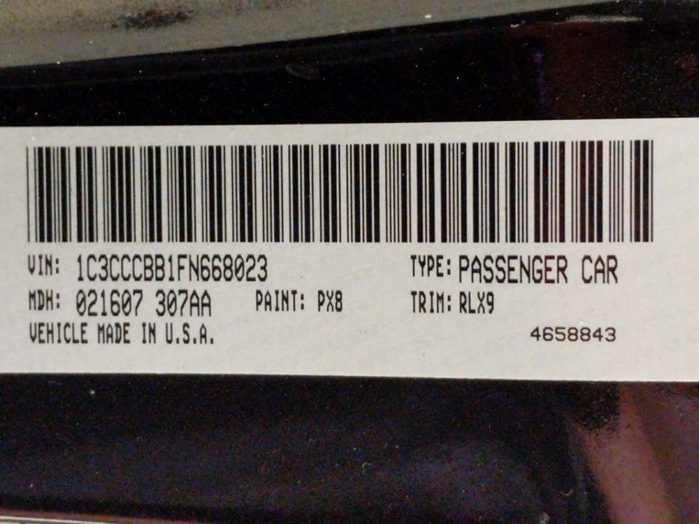 2015 Chrysler 200 - VIN Plate