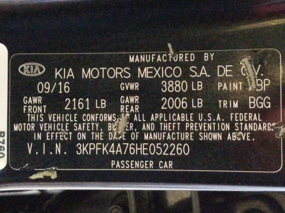 2017 Kia Forte - VIN Plate