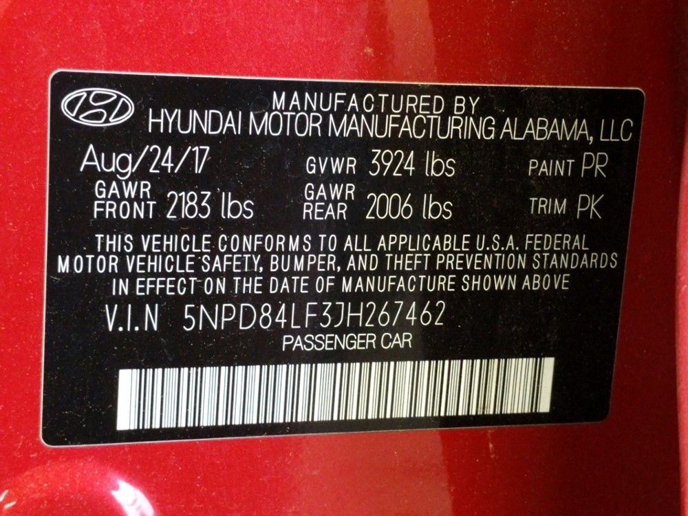 2018 Hyundai Elantra - VIN Plate