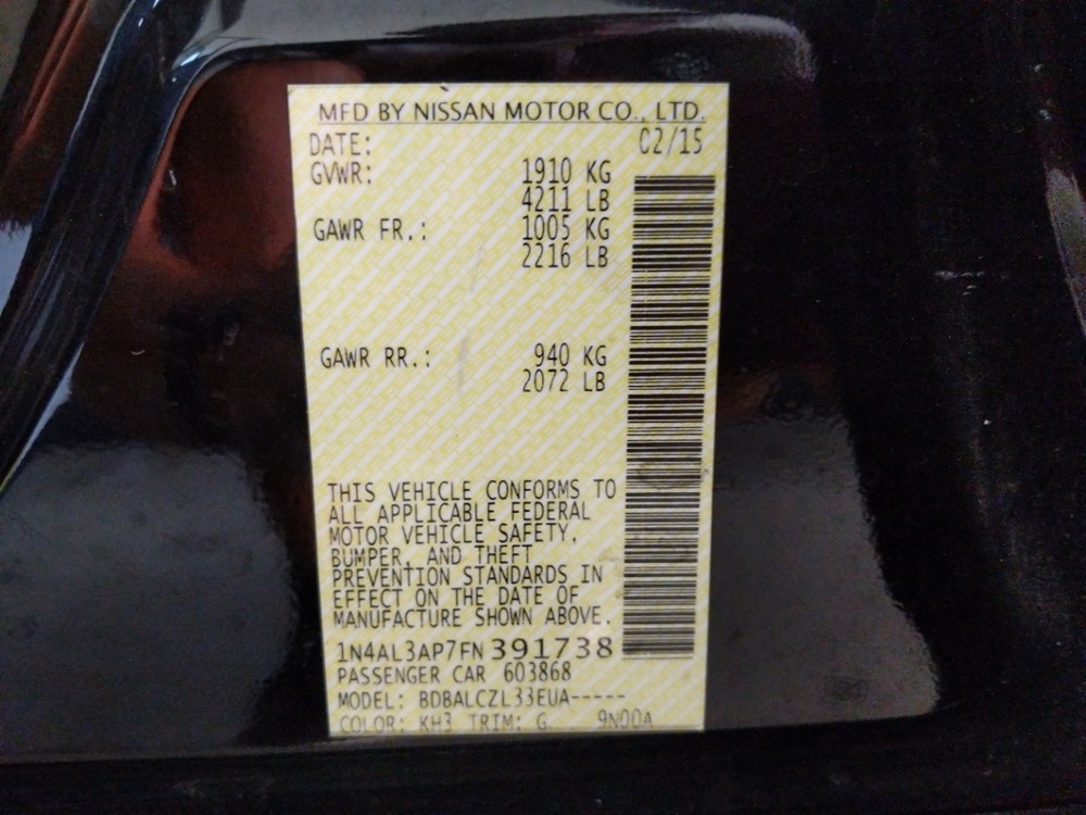 2015 Nissan Altima - VIN Plate
