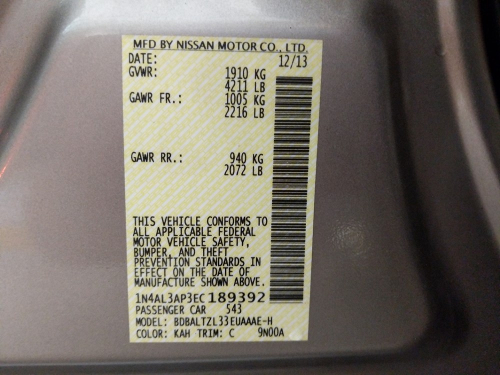 2014 Nissan Altima - VIN Plate
