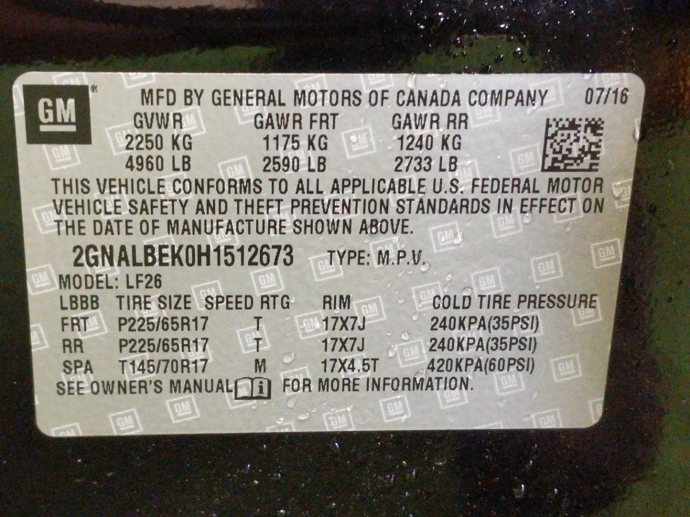 2017 Chevrolet Equinox - VIN Plate