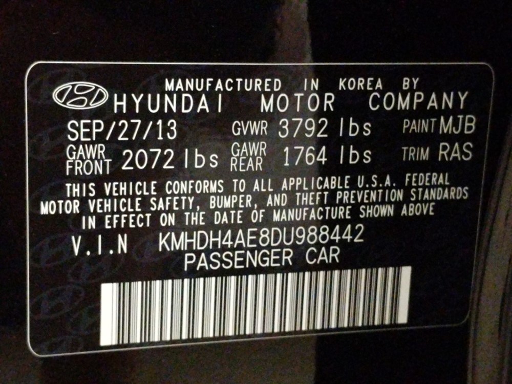 2013 Hyundai Elantra - VIN Plate
