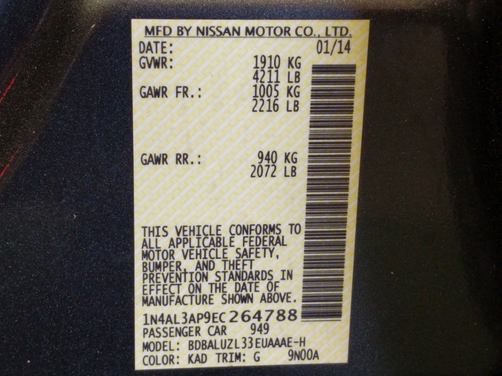 2014 Nissan Altima - VIN Plate