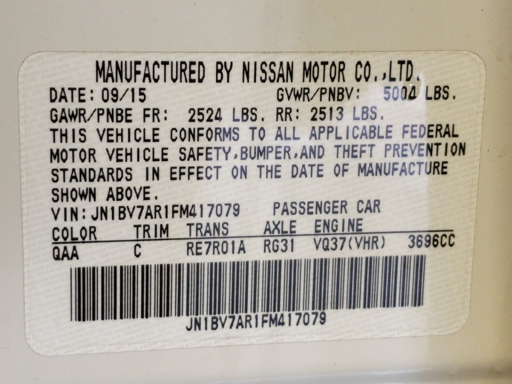 2015 INFINITI Q50 - VIN Plate