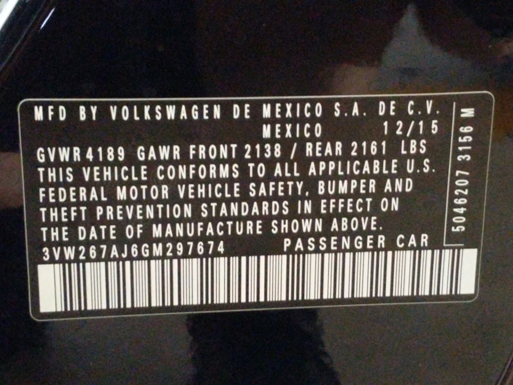 2016 Volkswagen Jetta - VIN Plate