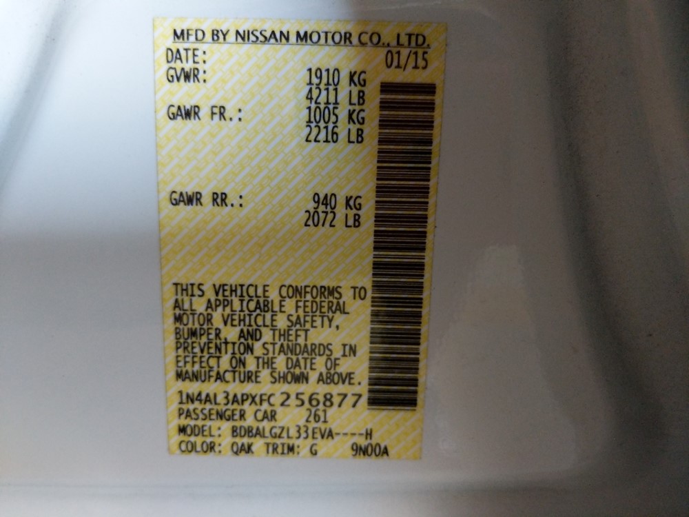 2015 Nissan Altima - VIN Plate
