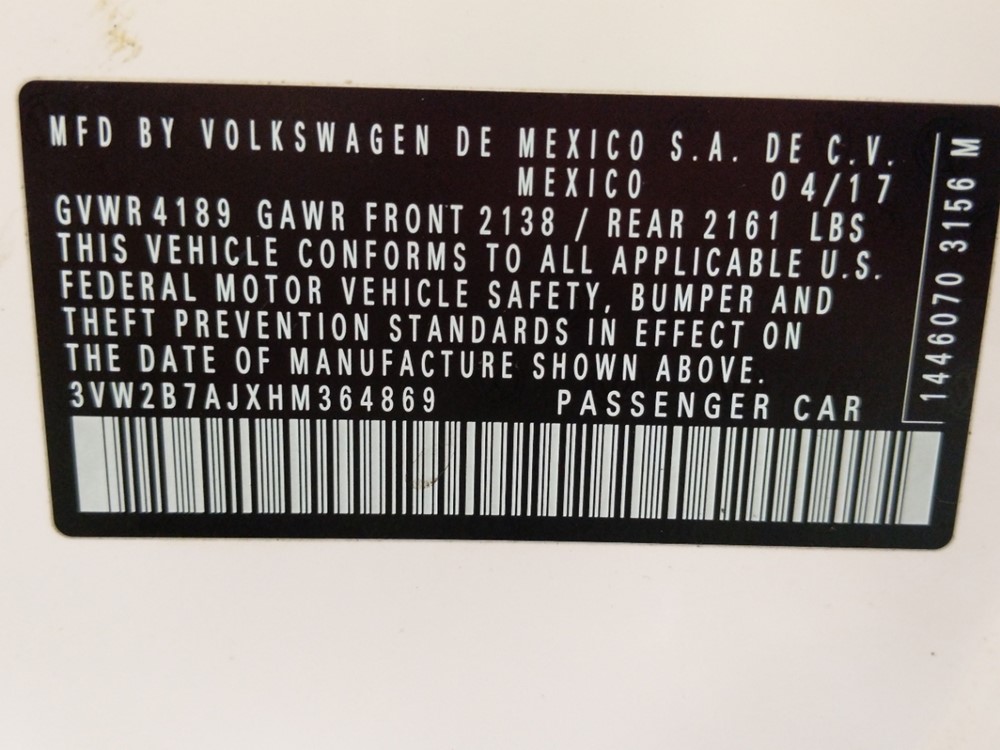 2017 Volkswagen Jetta - VIN Plate